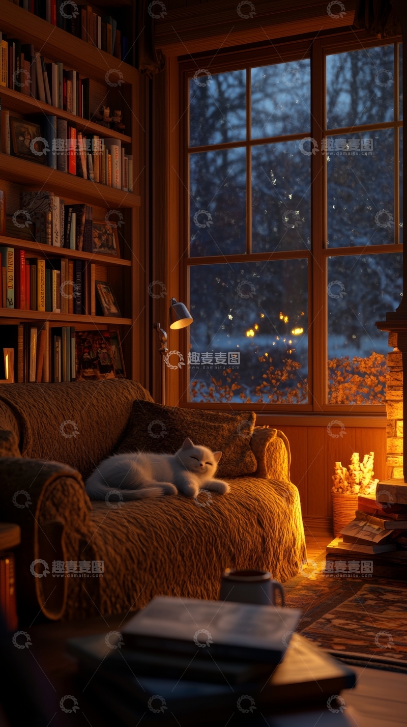 高清大图下载【趣麦麦图】温馨书房夜景，猫咪静卧窗前