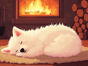 炉火旁熟睡的白色小狗