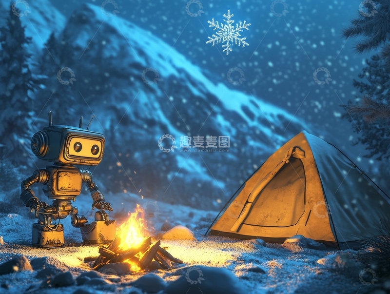 高清大图下载【趣麦麦图】雪夜露营，机器人围火取暖