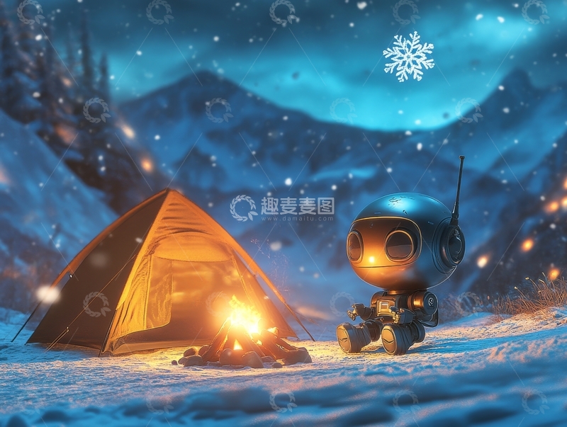 高清大图下载【趣麦麦图】冬夜露营，机器人伴火光