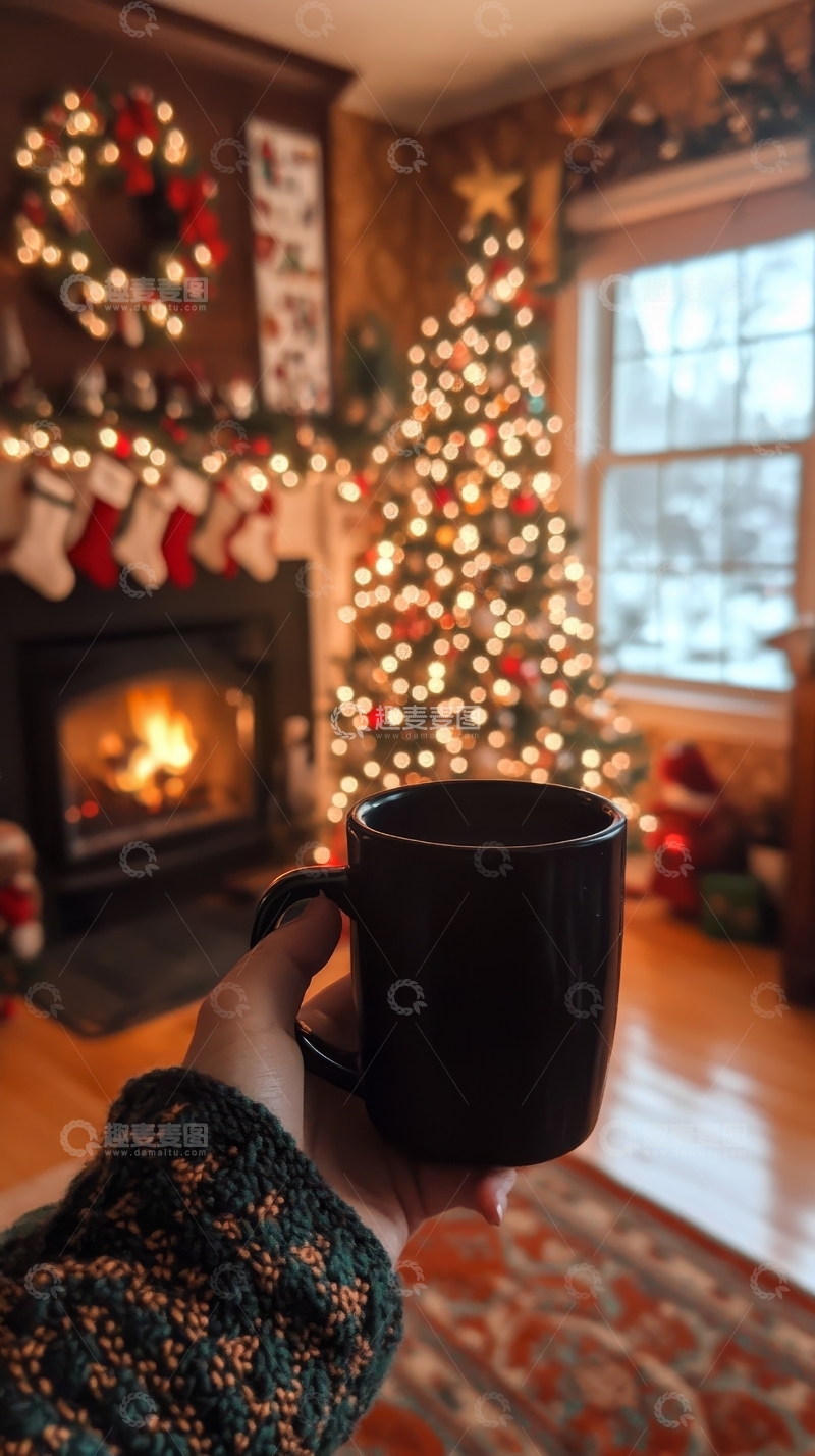 高清大图下载【趣麦麦图】手握热饮，温馨圣诞客厅