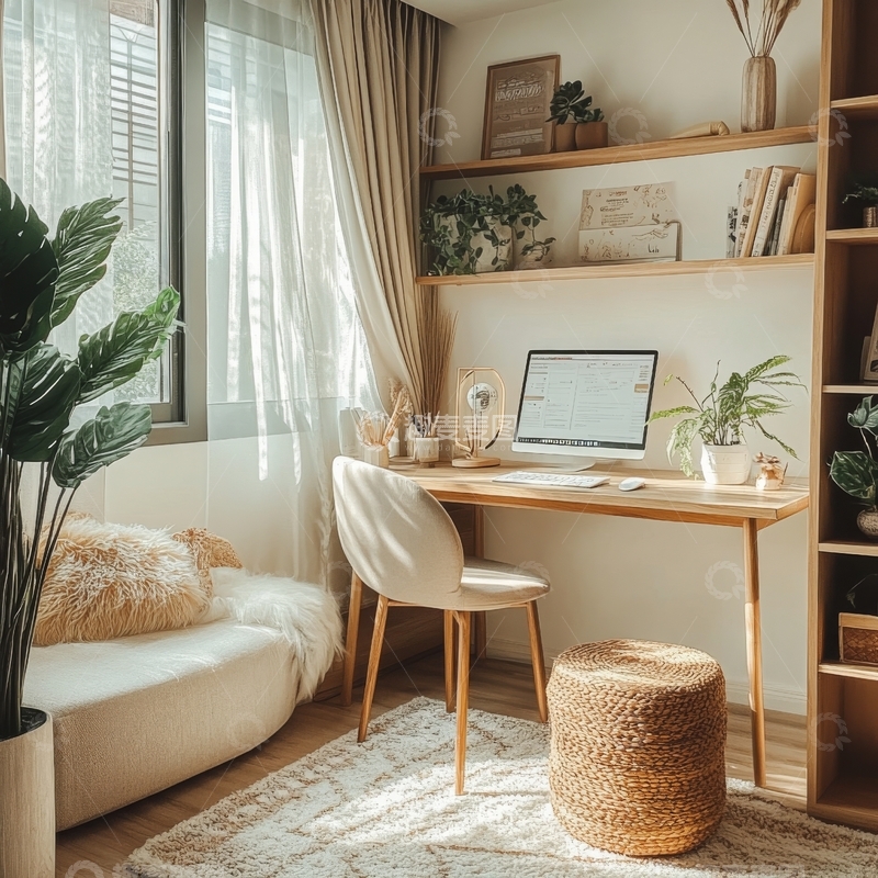 高清大图下载【趣麦麦图】温馨书房，阳光洒满工作角落