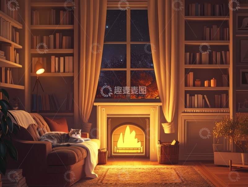 高清大图下载【趣麦麦图】温馨书房内的壁炉夜景