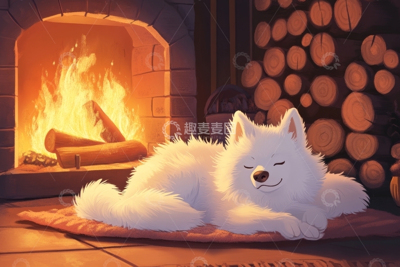 高清大图下载【趣麦麦图】炉火旁安睡的白狐