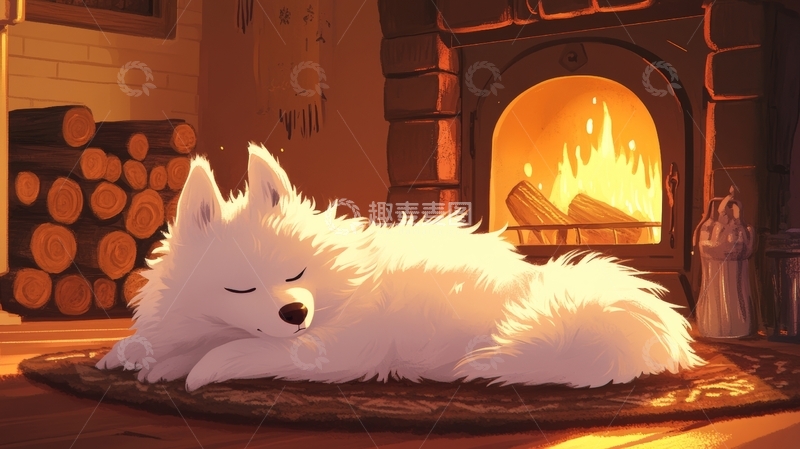高清大图下载【趣麦麦图】炉火旁熟睡的白色狐狸