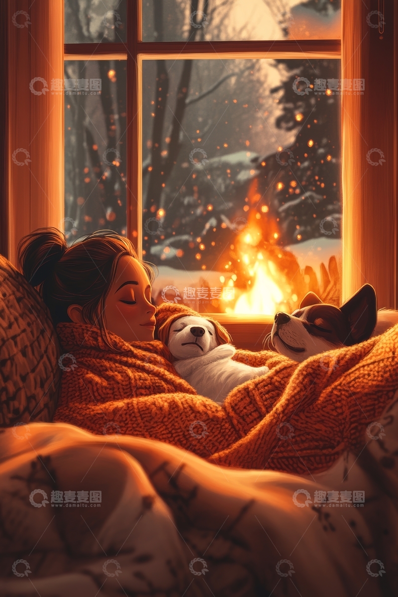 高清大图下载【趣麦麦图】冬夜窗前，温暖炉火旁的温馨时光