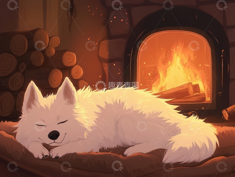 高清大图下载【趣麦麦图】炉火旁熟睡的白色小狗