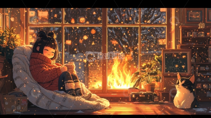 高清大图下载【趣麦麦图】冬夜窗前的温馨时光