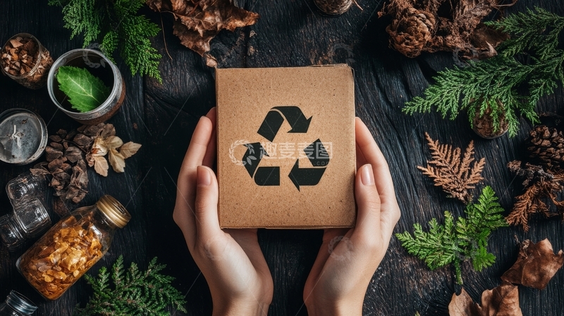 高清大图下载【趣麦麦图】双手捧着印有回收标志的纸盒
