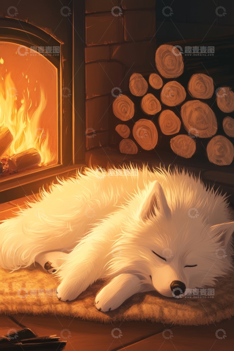 高清大图下载【趣麦麦图】炉火旁熟睡的白色小狗