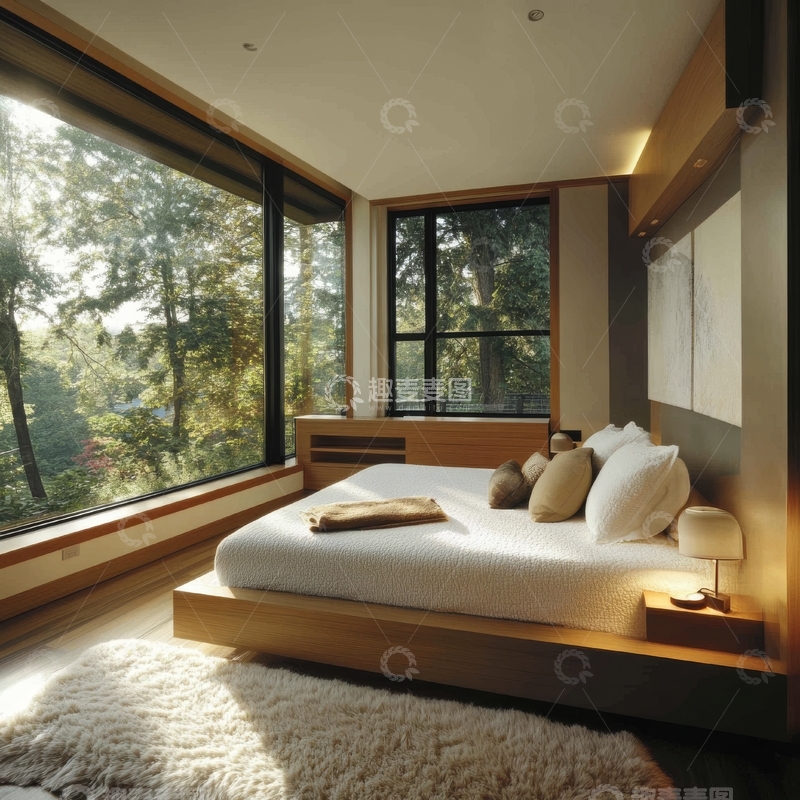 高清大图下载【趣麦麦图】现代简约卧室，窗外绿树成荫