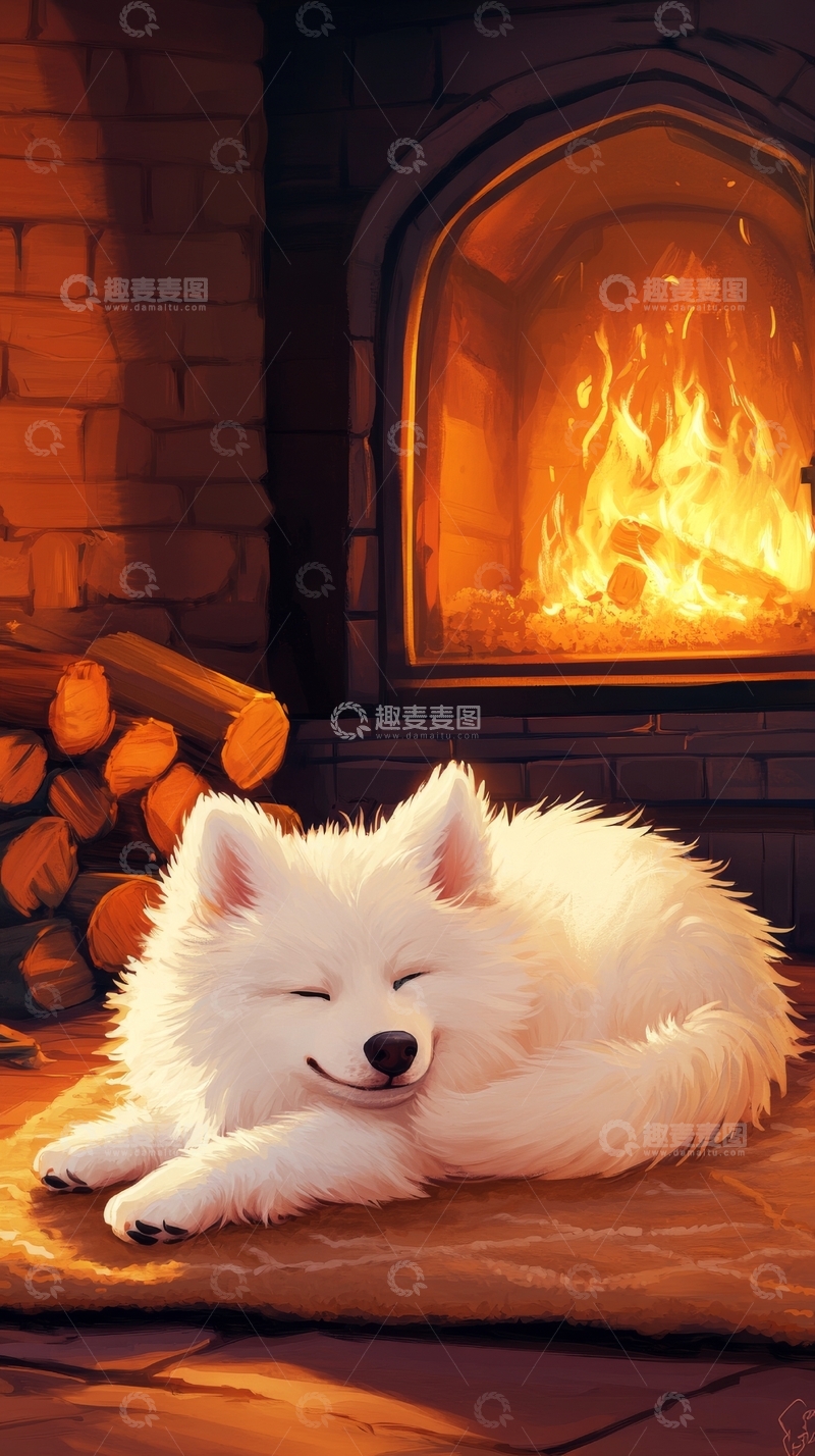 高清大图下载【趣麦麦图】炉火旁熟睡的白色小狗