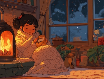 冬夜炉火旁的女孩与小狗
