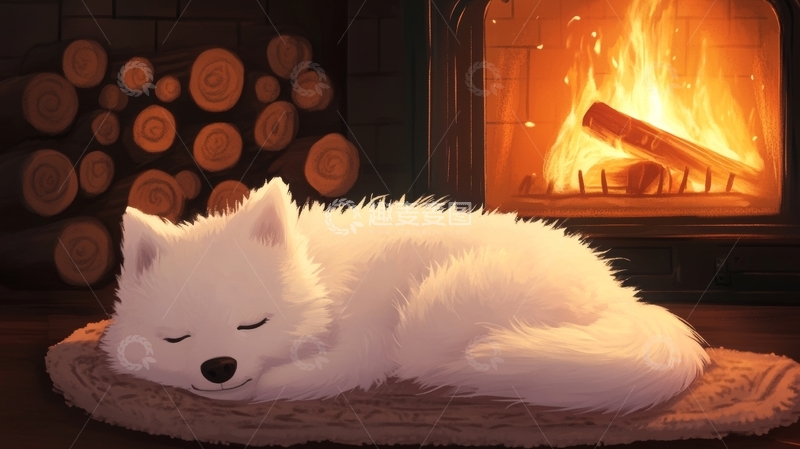 高清大图下载【趣麦麦图】雪白狐狸在壁炉旁安睡