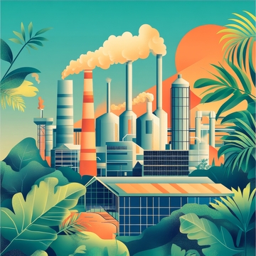 工业工厂与热带植物的对比