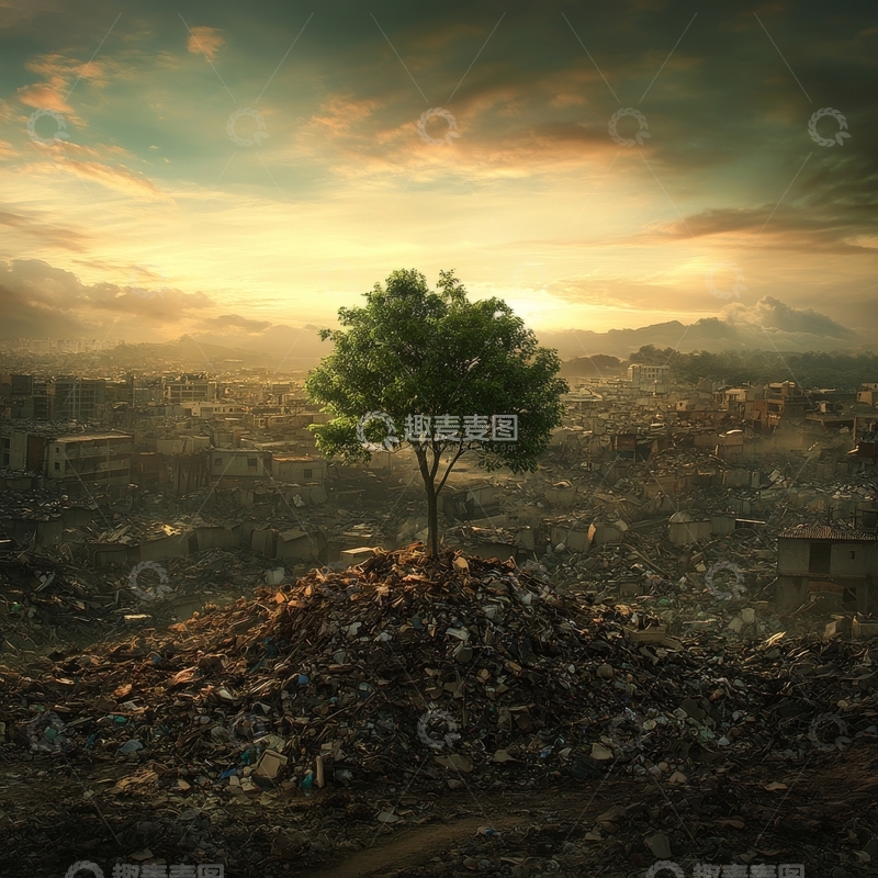 高清大图下载【趣麦麦图】废墟之上，孤树生长