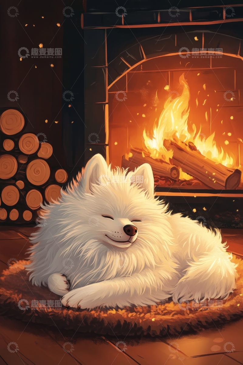 高清大图下载【趣麦麦图】炉火旁安睡的白色小狗