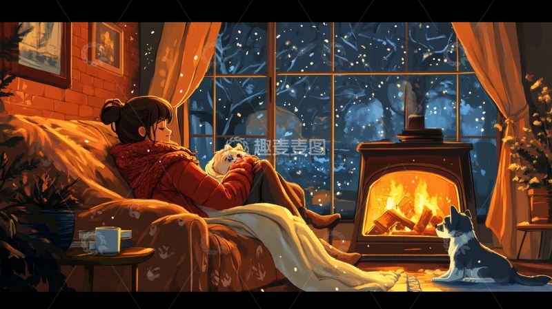 高清大图下载【趣麦麦图】冬夜炉火旁的温馨时光