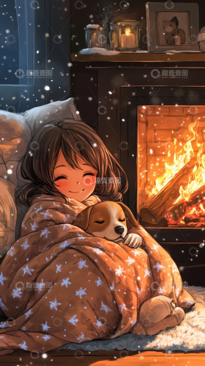 高清大图下载【趣麦麦图】冬夜炉火旁的温馨时光