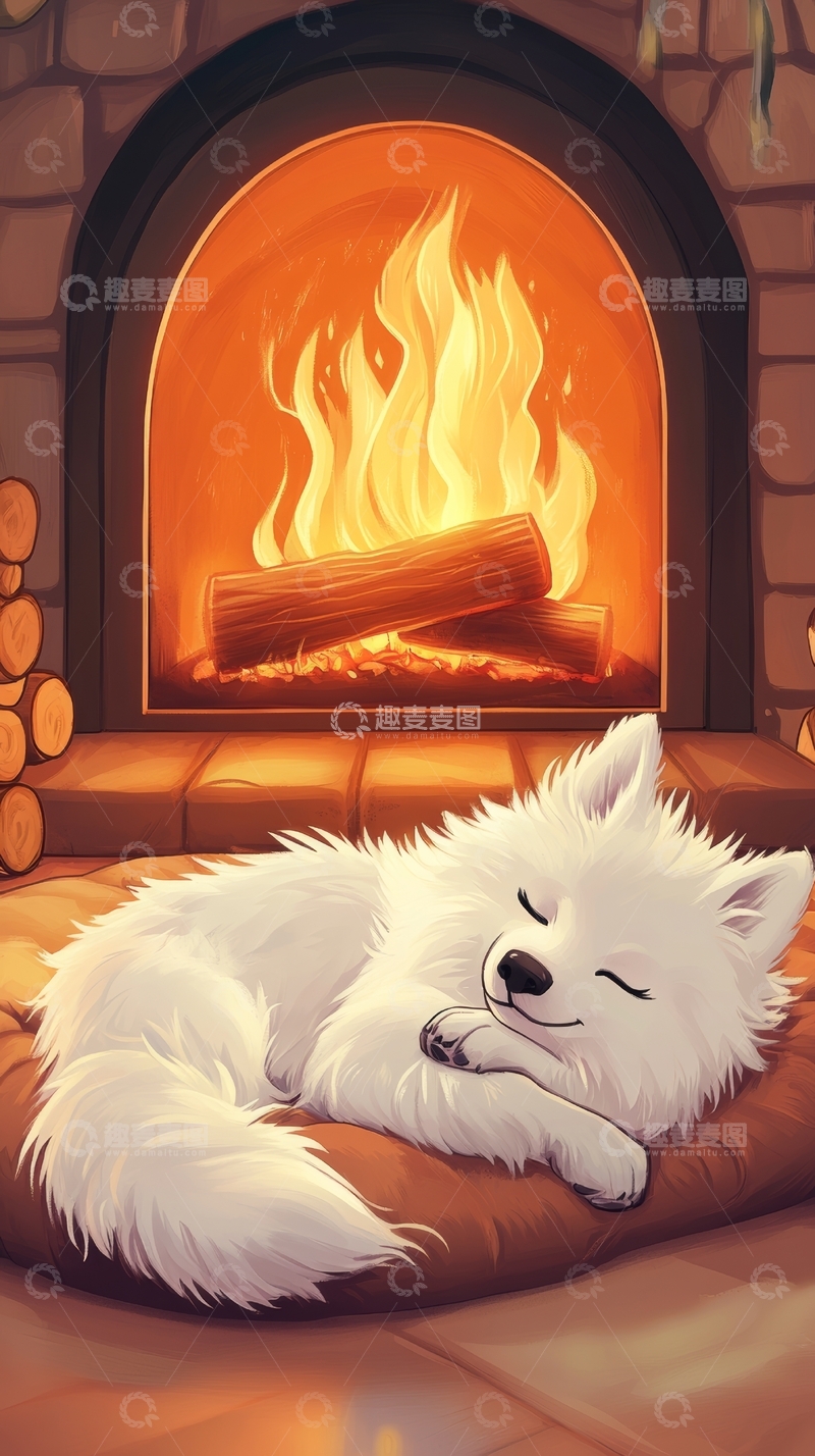 高清大图下载【趣麦麦图】炉火旁熟睡的白色小狗