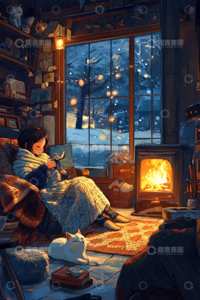 高清大图下载【趣麦麦图】冬夜窗边的温馨阅读时光