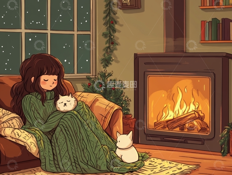 高清大图下载【趣麦麦图】冬夜炉火旁的温馨时光