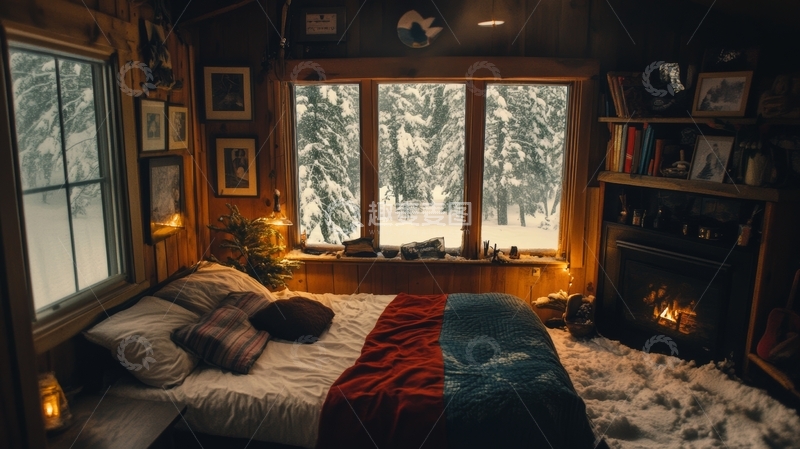 高清大图下载【趣麦麦图】温馨木屋卧室，窗外雪景如画