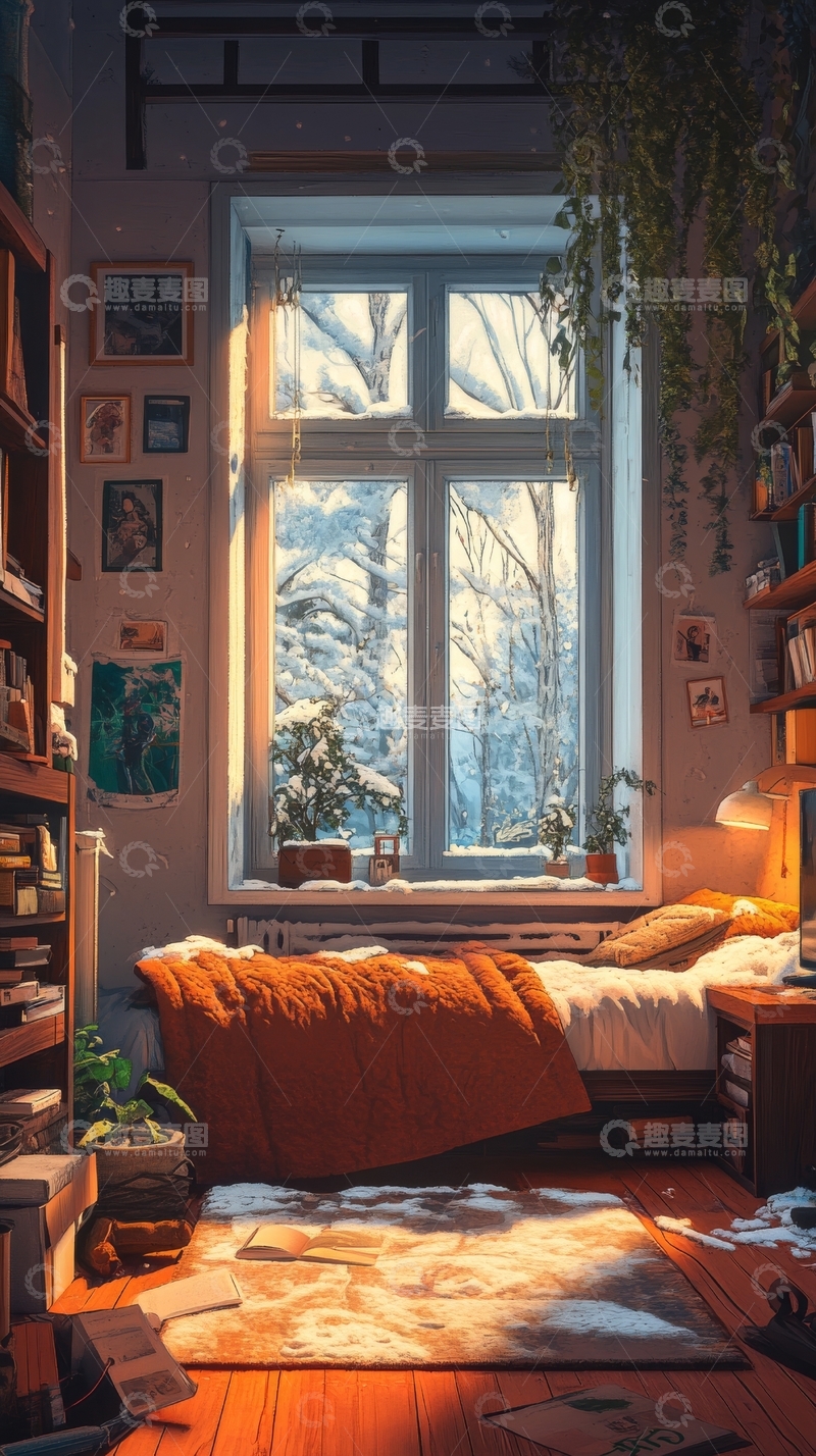 高清大图下载【趣麦麦图】温馨卧室窗前雪景