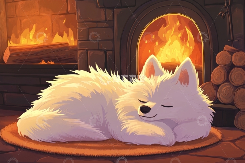 高清大图下载【趣麦麦图】炉火旁熟睡的白色小狗