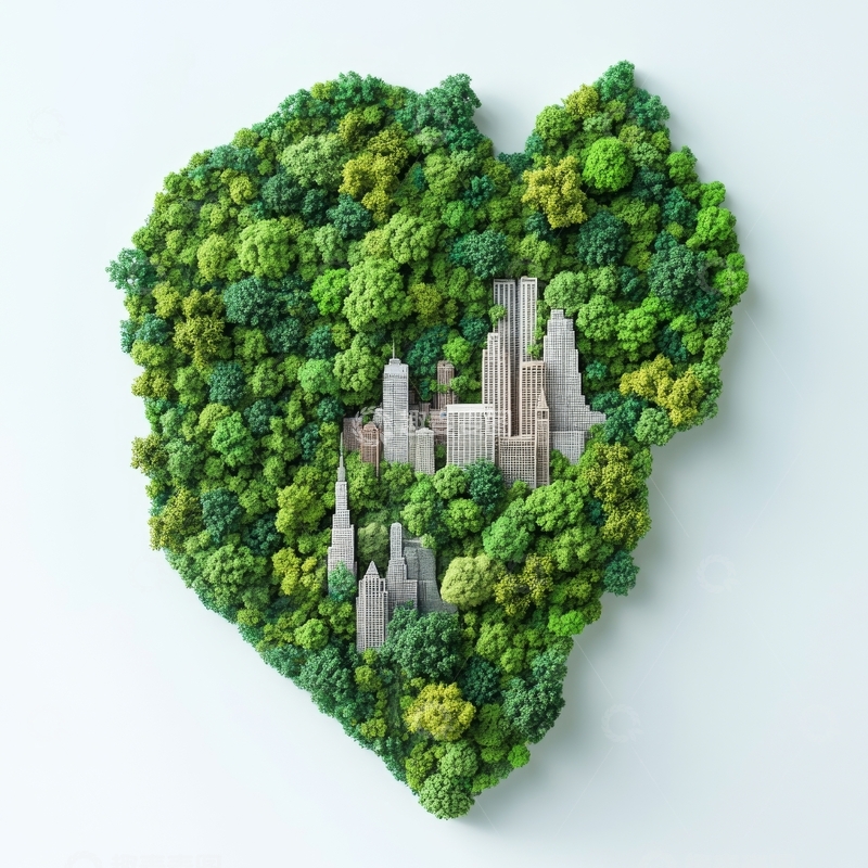 高清大图下载【趣麦麦图】心形绿色森林中的城市剪影