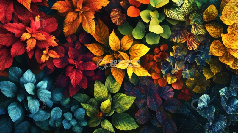 高清大图下载【趣麦麦图】多彩植物叶片的抽象排列