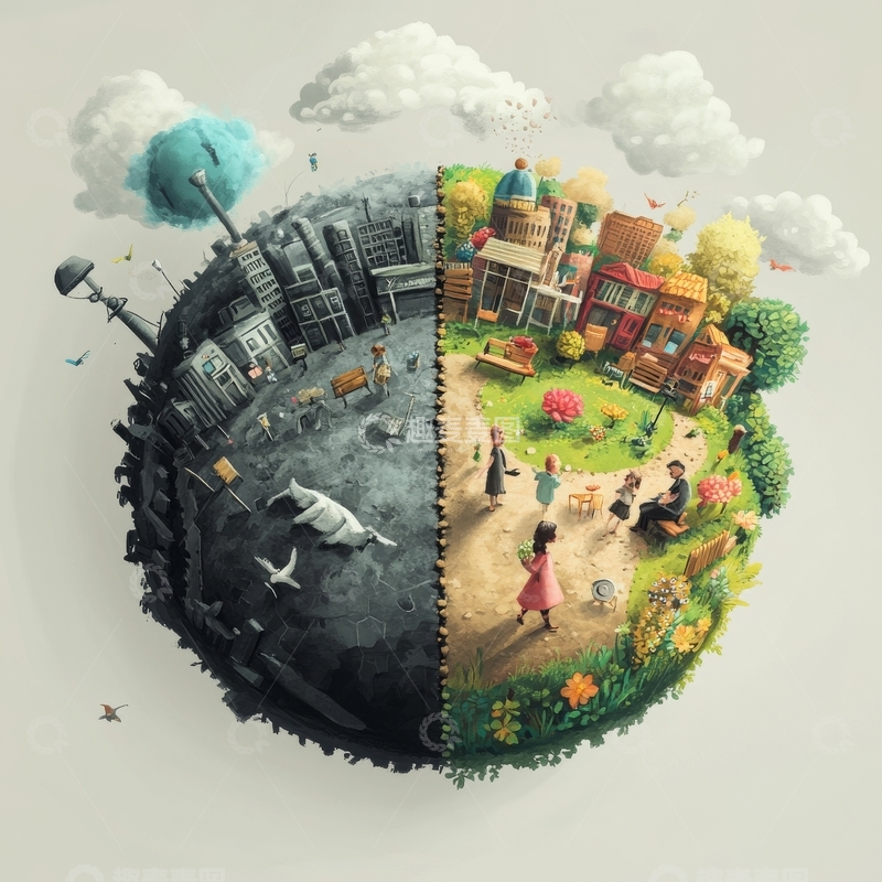 高清大图下载【趣麦麦图】两半球对比：灰暗城市与明媚乡村