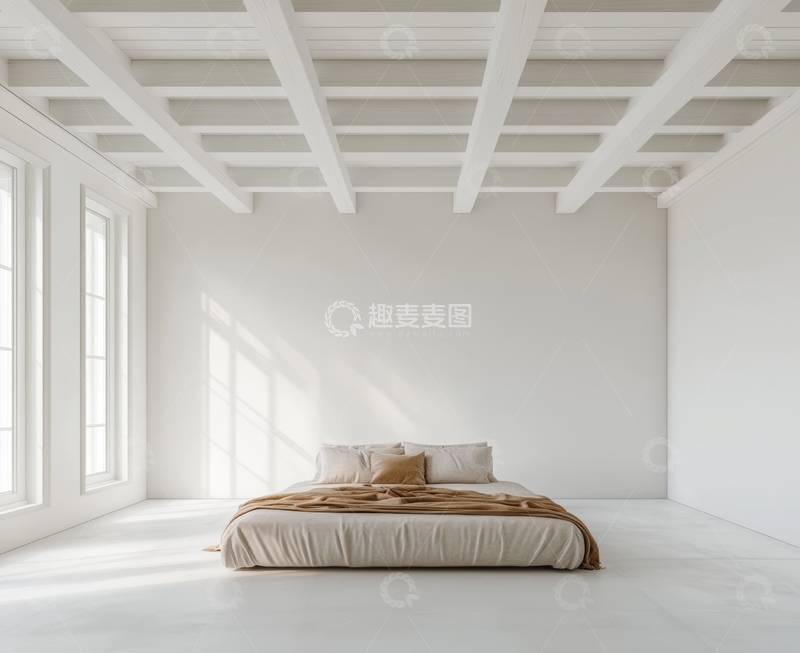 高清大图下载【趣麦麦图】简约现代卧室，白色空间与自然光
