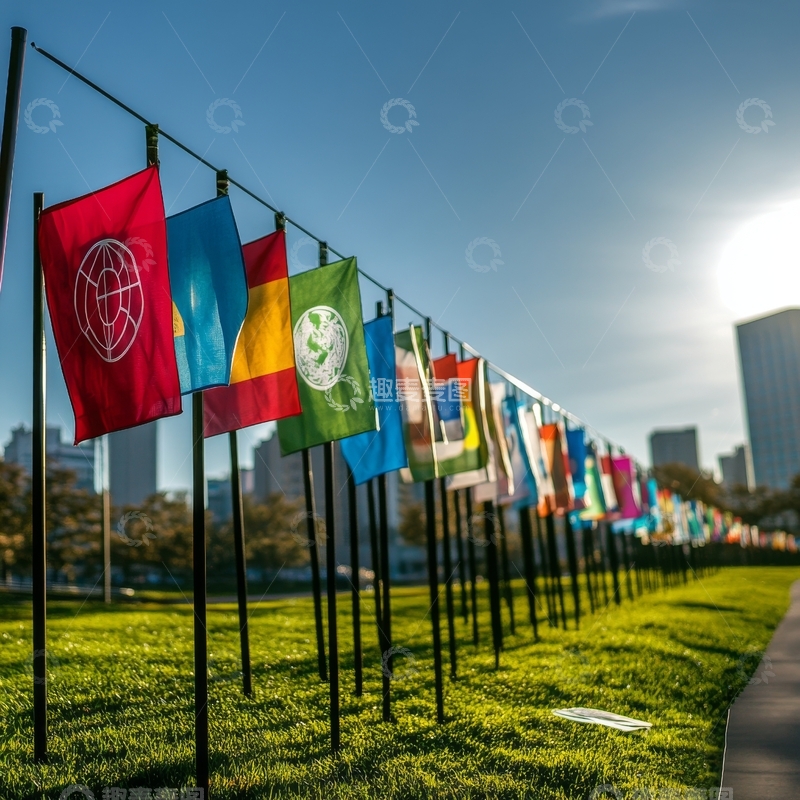高清大图下载【趣麦麦图】多国旗帜在阳光下随风飘扬