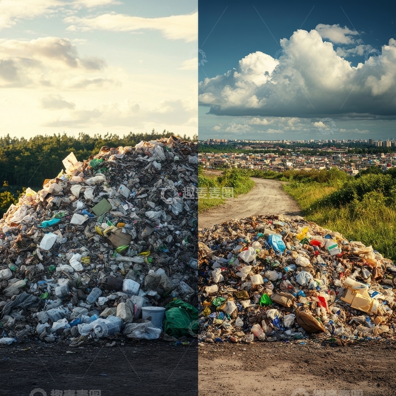 高清大图下载【趣麦麦图】垃圾堆积与城市远景对比