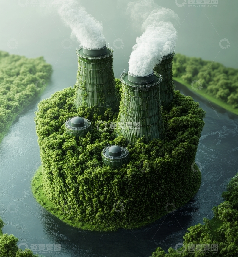 高清大图下载【趣麦麦图】绿色植被覆盖的工业冷却塔