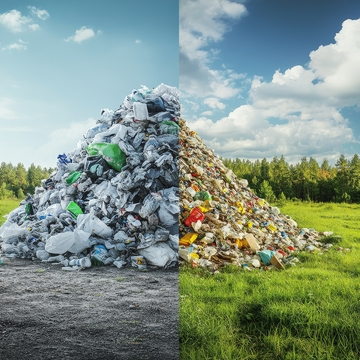 垃圾堆积对比：污染与自然