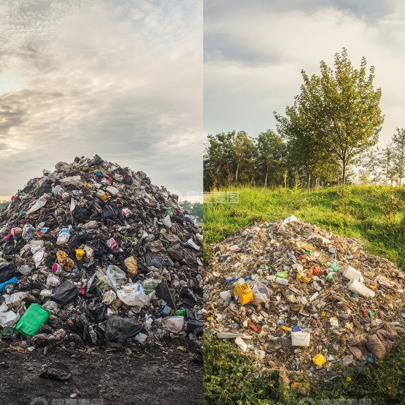 高清大图下载【趣麦麦图】垃圾堆积对比：城市与自然环境