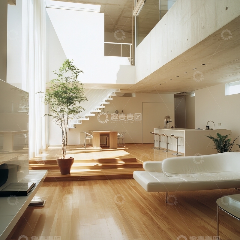 高清大图下载【趣麦麦图】现代简约室内设计，木质楼梯与绿植点缀
