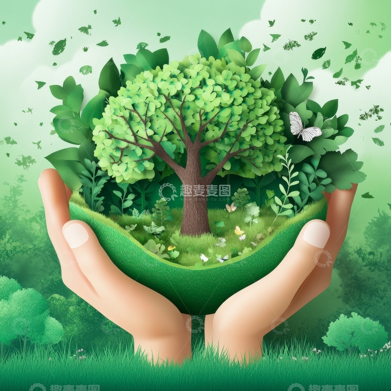 高清大图下载【趣麦麦图】双手捧着绿树和草地的生态插画