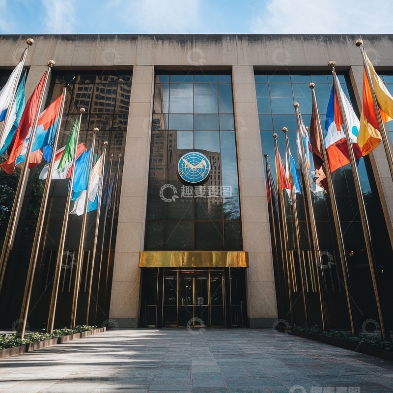 高清大图下载【趣麦麦图】国际组织大楼入口与多国旗帜