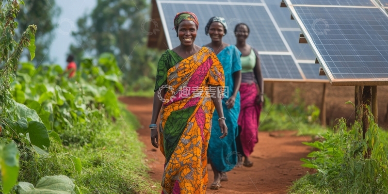 高清大图下载【趣麦麦图】乡村妇女行走在太阳能板旁