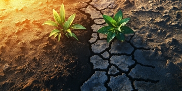 干旱裂土中的顽强绿植