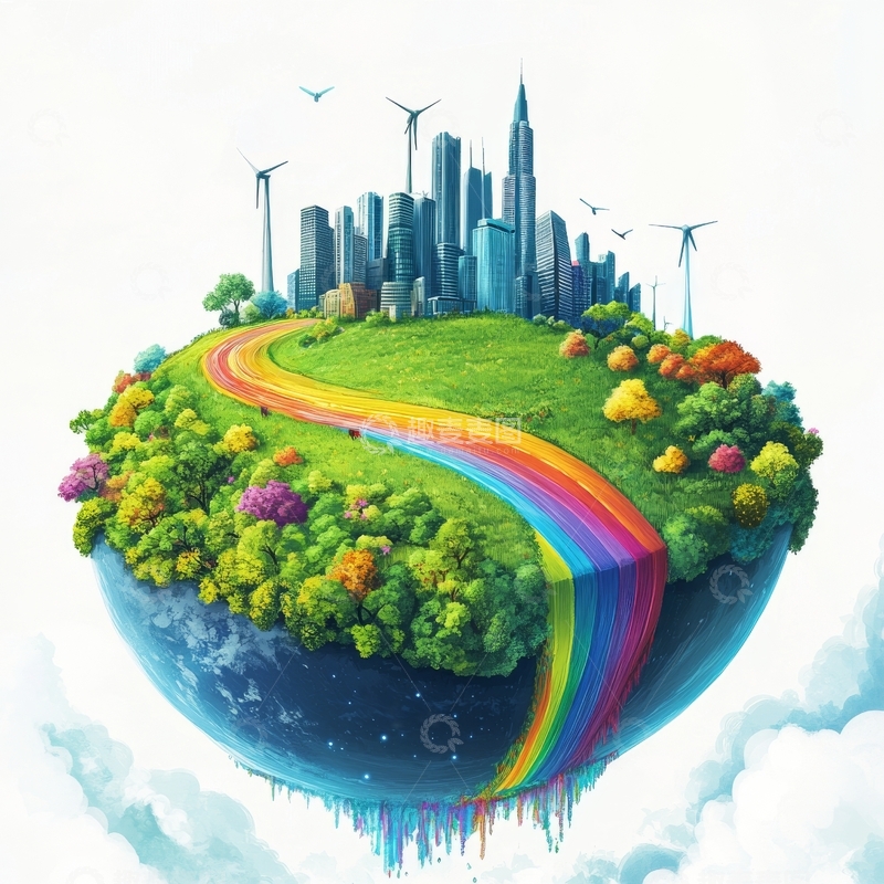 高清大图下载【趣麦麦图】彩虹河流环绕的绿色星球与城市