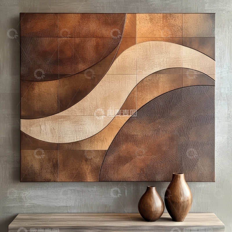 高清大图下载【趣麦麦图】木质抽象艺术墙饰与陶瓷花瓶