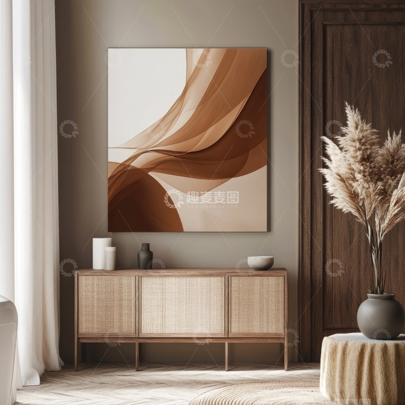 高清大图下载【趣麦麦图】现代客厅装饰，抽象画与藤编柜