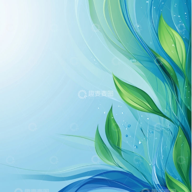 高清大图下载【趣麦麦图】蓝色背景上的绿色叶子艺术图案