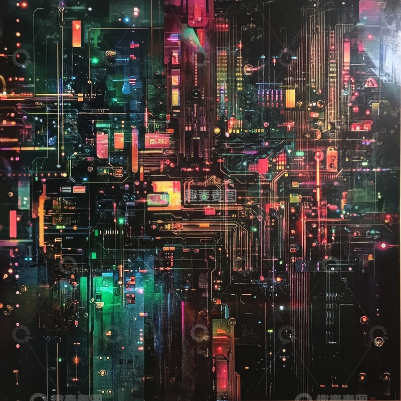 高清大图下载【趣麦麦图】霓虹电路板的未来科技图景