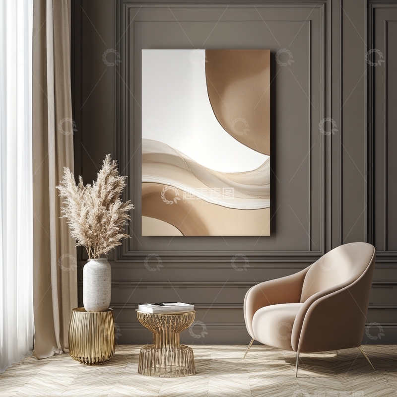 高清大图下载【趣麦麦图】现代客厅装饰，抽象艺术与舒适座椅