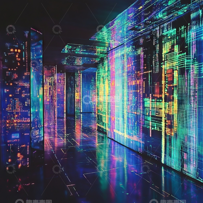 高清大图下载【趣麦麦图】霓虹数据流的未来科技走廊